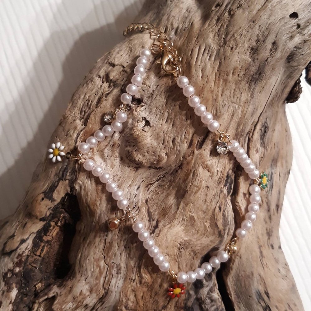 New Faux Pearl, Daisy, Rhinestone Anklet Ankle Bracelet 7" + 2" Extender